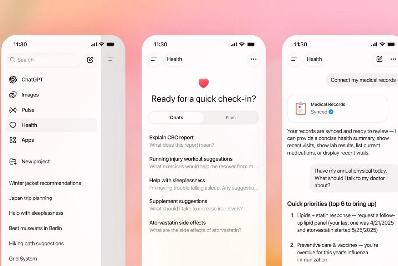 ▎OpenAI 推出可接入医疗记录的 ChatGPT HealthOpenAI 于周三推出了 ChatGPT Health,这是其热门聊天机器人中的一项专门健康体验功能,允许用户安全连接医疗记录和健康应用程序